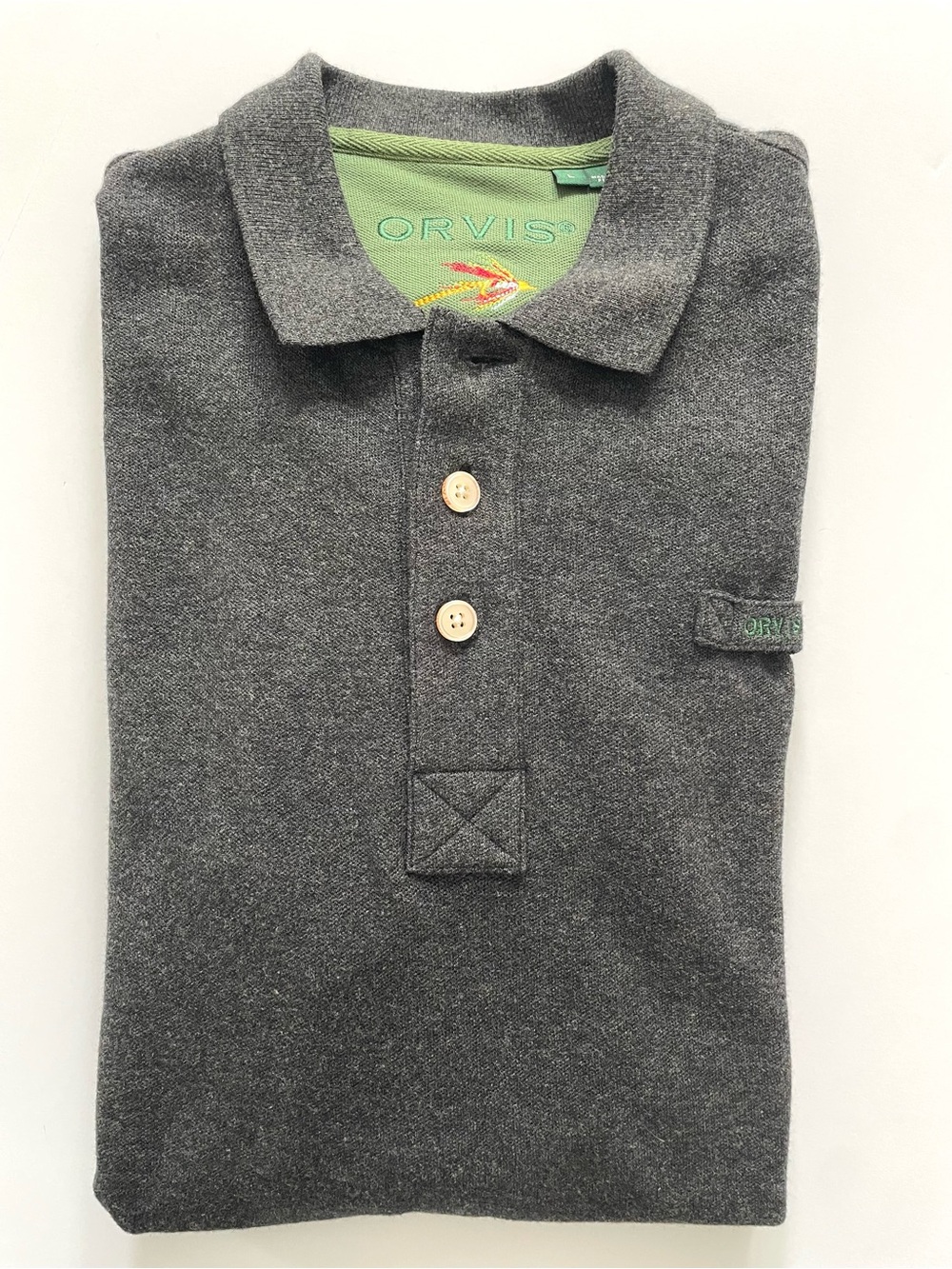 Orvis Polo Shirt Men's Signature Long Sleeve Heavy Classic Fly Fishing Logo Gray
